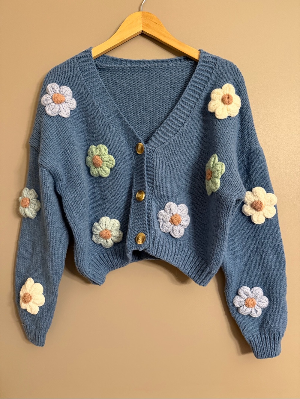 Cider Blue Chunky Knit Cropped Cardigan 3D Crochet Floral Appliqué Fits L